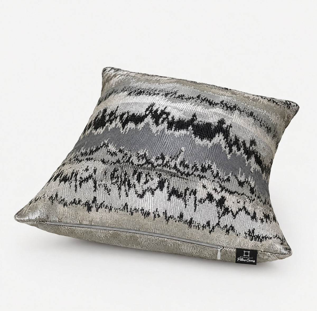 Shine Metallic Silver Jacquard Pillow Cover — zipper side with Wholesale Pillow Covers label