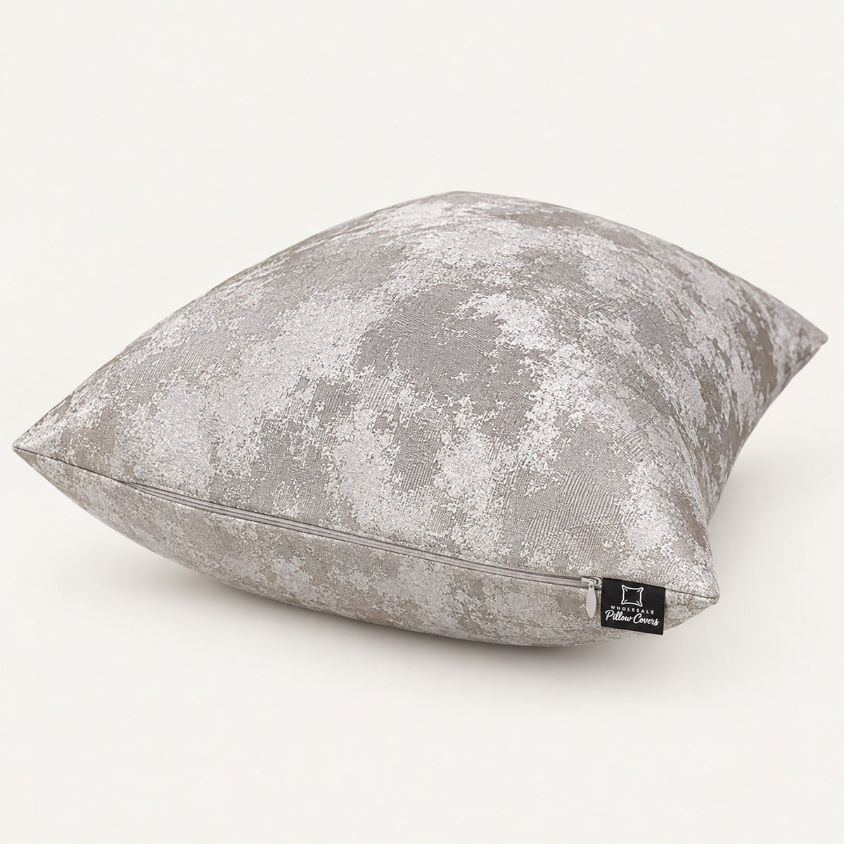 Patrice Beige Velvet Pillow Cover — zipper side with Wholesale Pillow Covers label